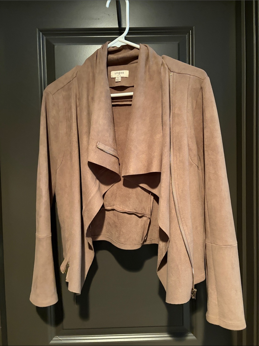 Umgee Taupe Suede Draped Open-Front Moto Jacket